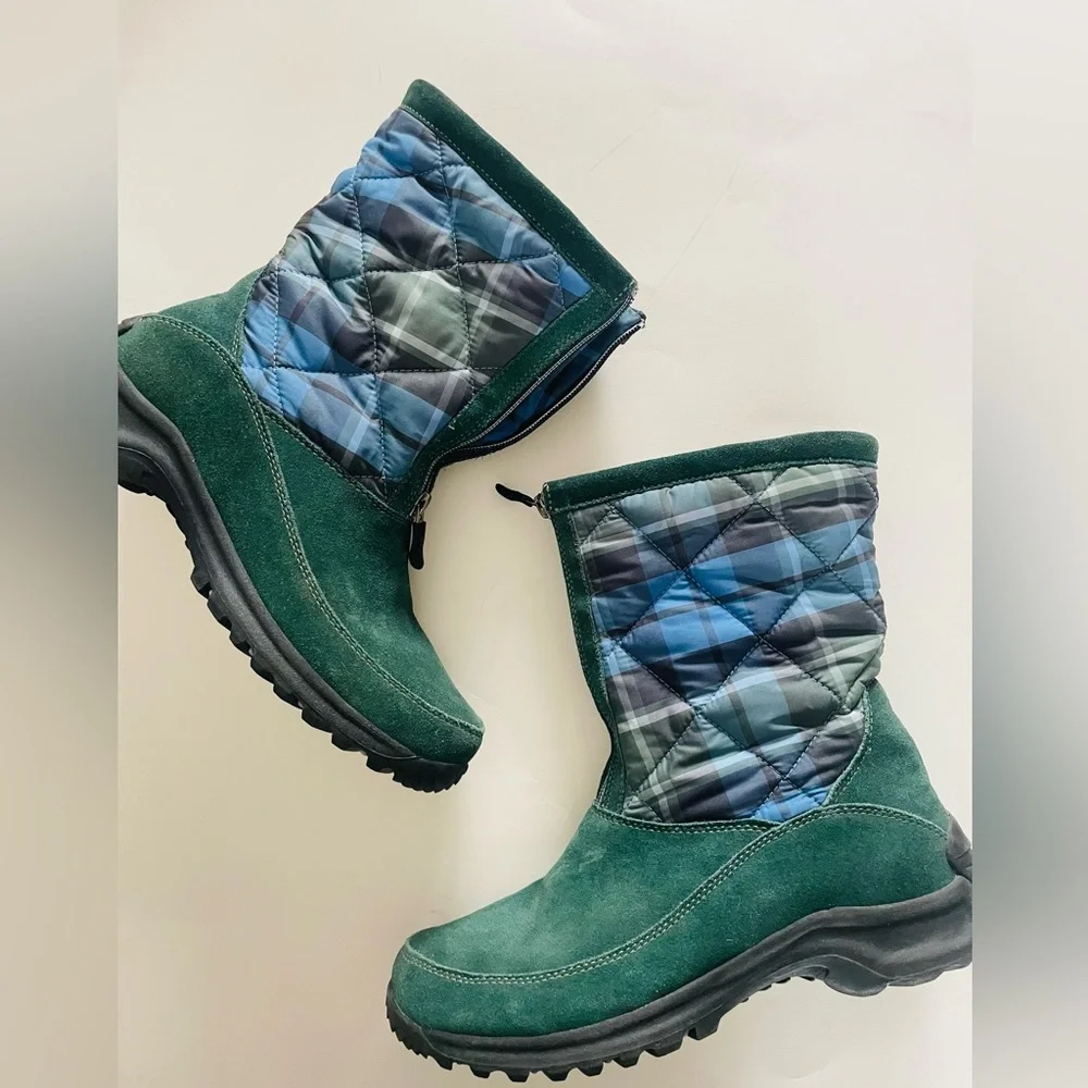 Lands’ End Vintage Green & Blue Plaid Suede Zip Winter Booties